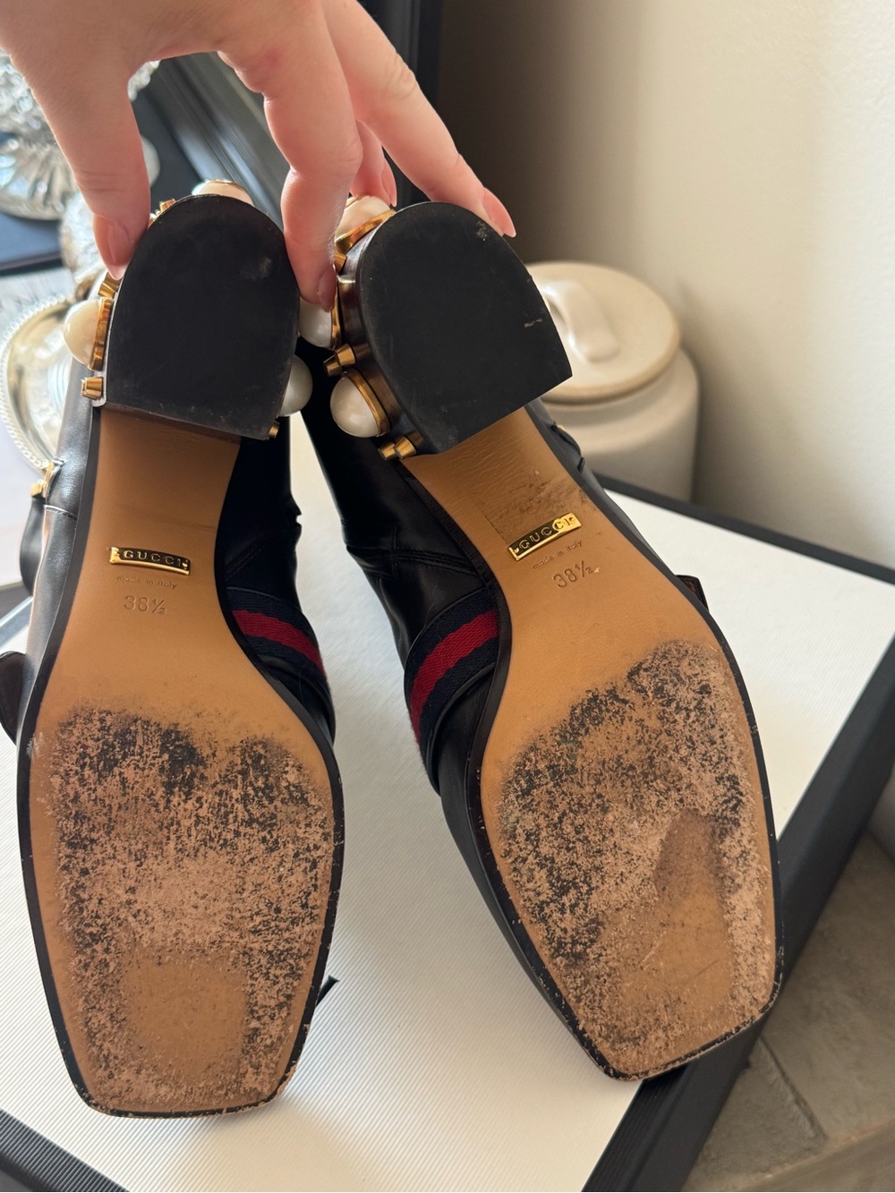 Gucci Black Leather Ankle Boots with Gold GG and Pearl Heel Accents - Picture 10 of 14